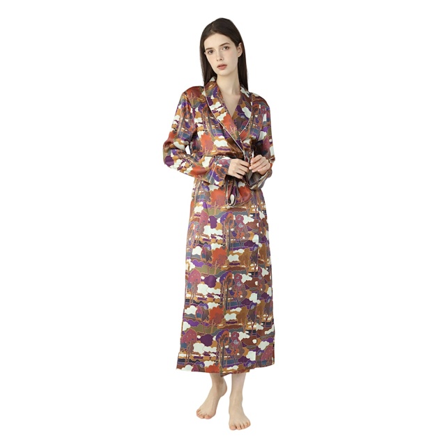 Brunette Lady wearing silk dressing gown in a bold print print